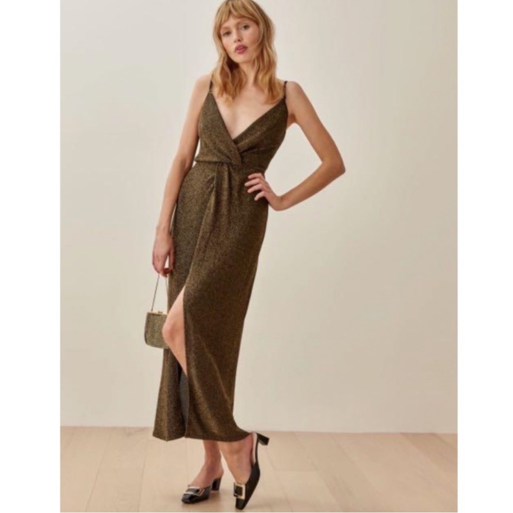 Reformation Hari Dress Gold Shimmer Glitter Midi Faux Wrap size 6